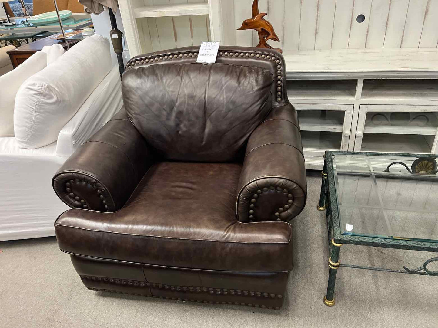 Genuine Leather Chair and Ottoman with Hamered Button trim