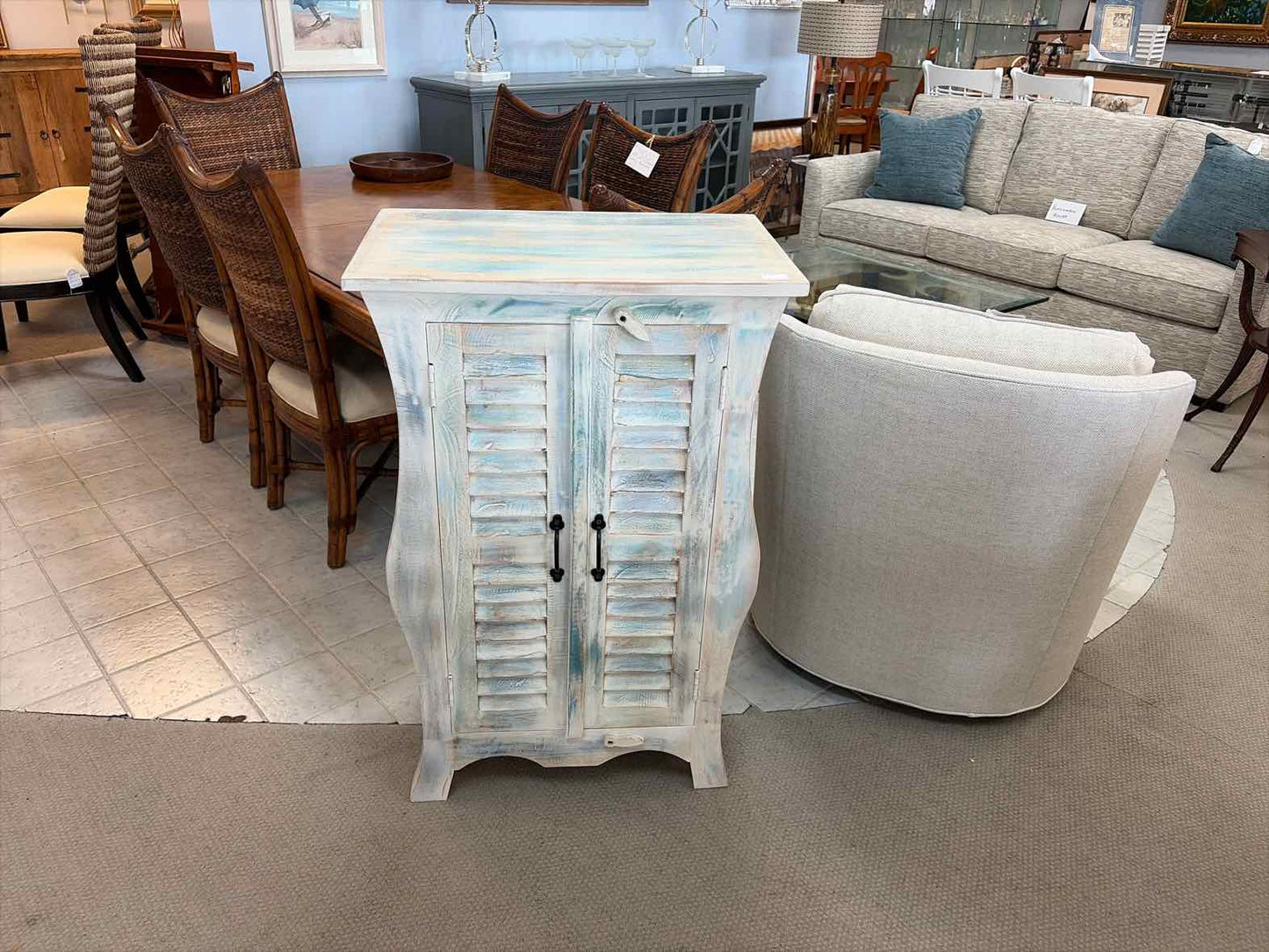 Mango Wood Bombay Door Cabinet – White & Blue Coastal Style