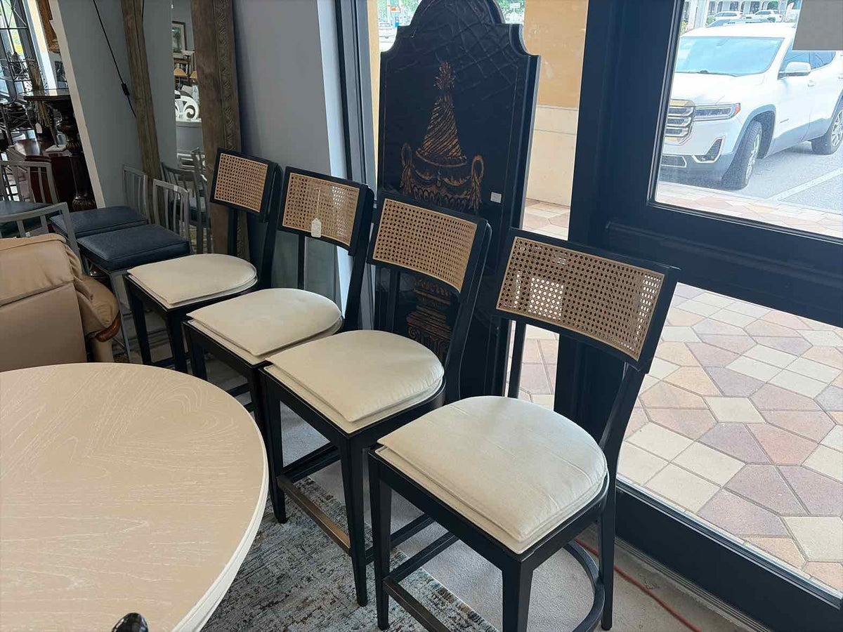 Crate & Barrel Black Bar Stools with Tan Rattan Backs – Set of 4