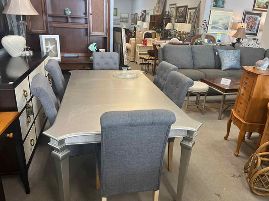 Silver Rectangular Dining Table – 6 Tufted Chairs