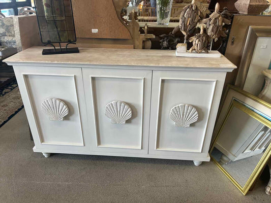 "New" White Mango Wood Cabinet – Carved Shell Doors
