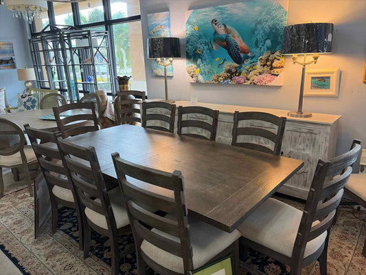 Gray Natural Wood Dining Table & 10 Matching Chairs – Rectangle Dining Set