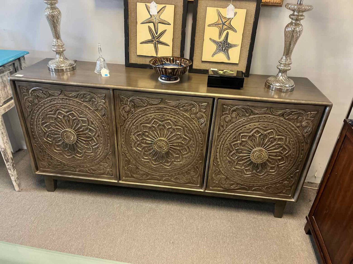 Solid Mango Wood Cabinet – Hand Engraved Doors