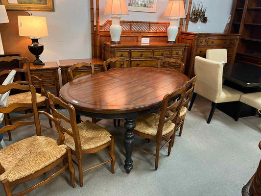 Oval Wood Dining Table – 8 Wicker Chairs with Leaf