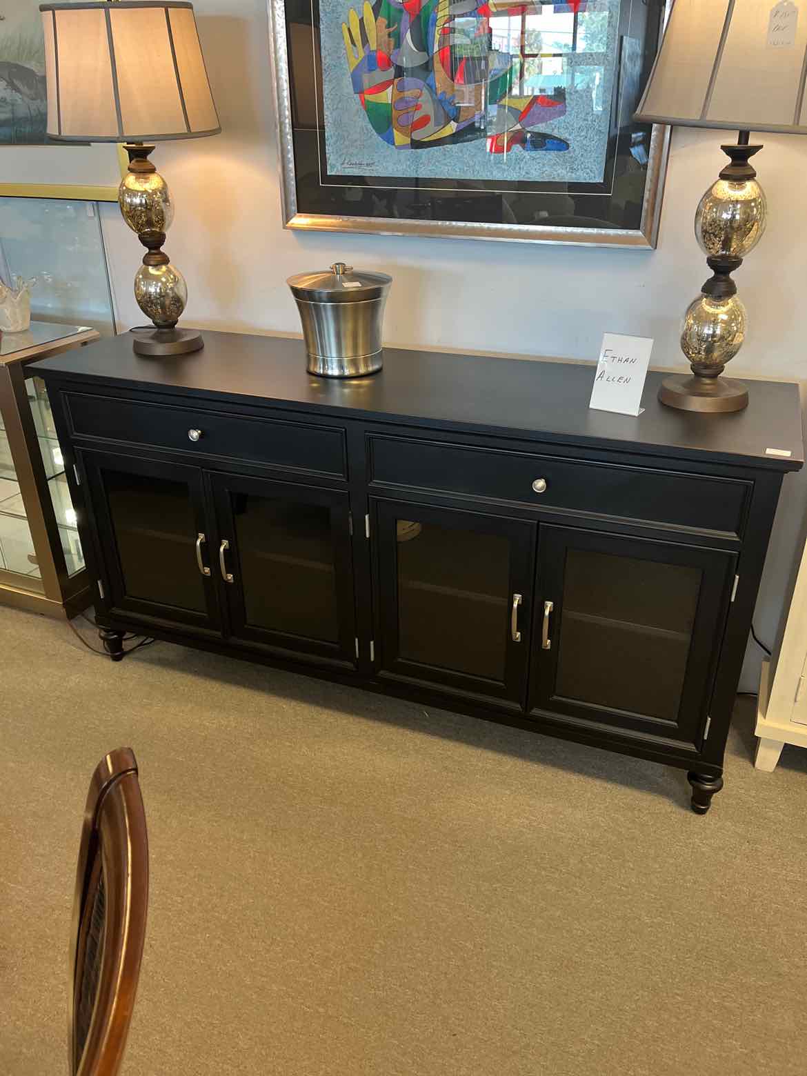 Ethan Allen Black Console Cabinet – Glass Doors & Drawers