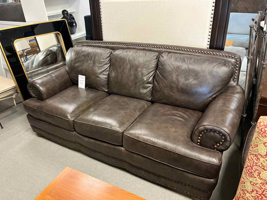 Genuine Leather Sofa with Hammered Button Trimmimg - Minor Wearing On Center Cusion