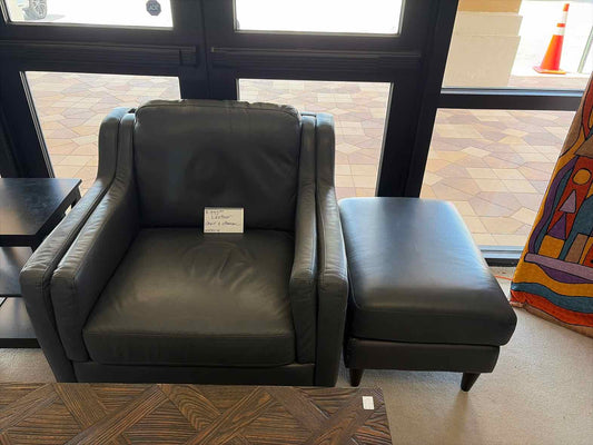 Chateau d'Ax Navy Blue Leather Chair & Ottoman