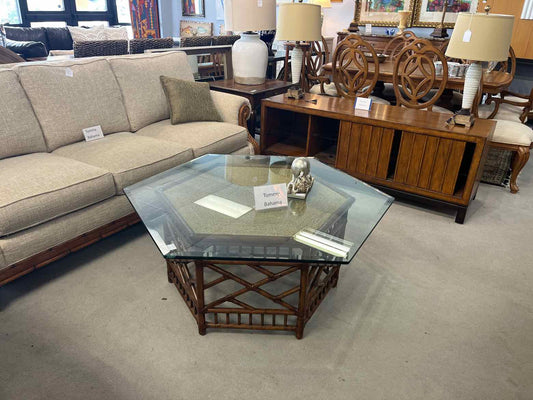 Tommy Bahama Hexagon Glass Top Cocktail Table – Rattan Base